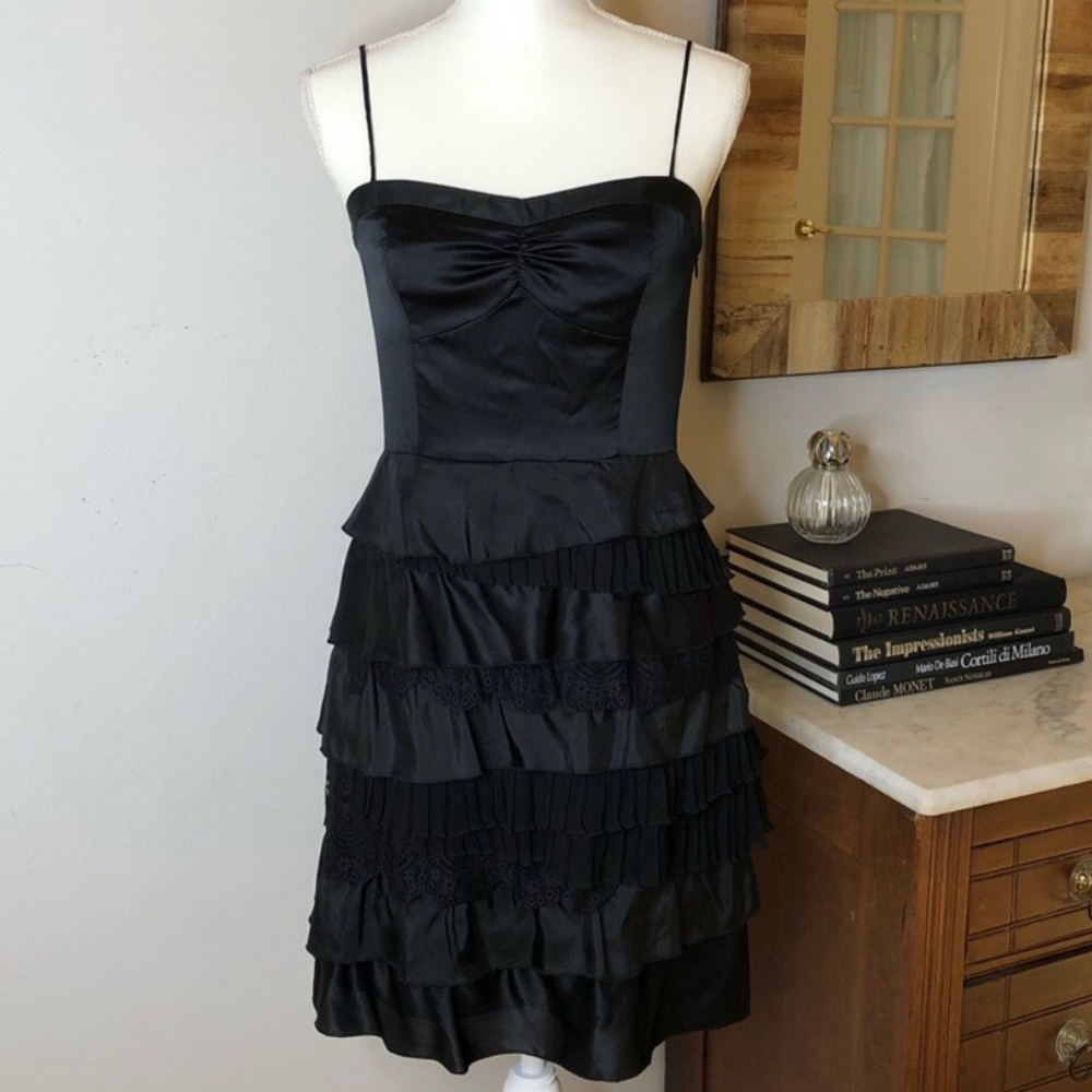 New A|X Armani Exchange Satin Ruffle Lace Tiered Dress LBD Cocktail